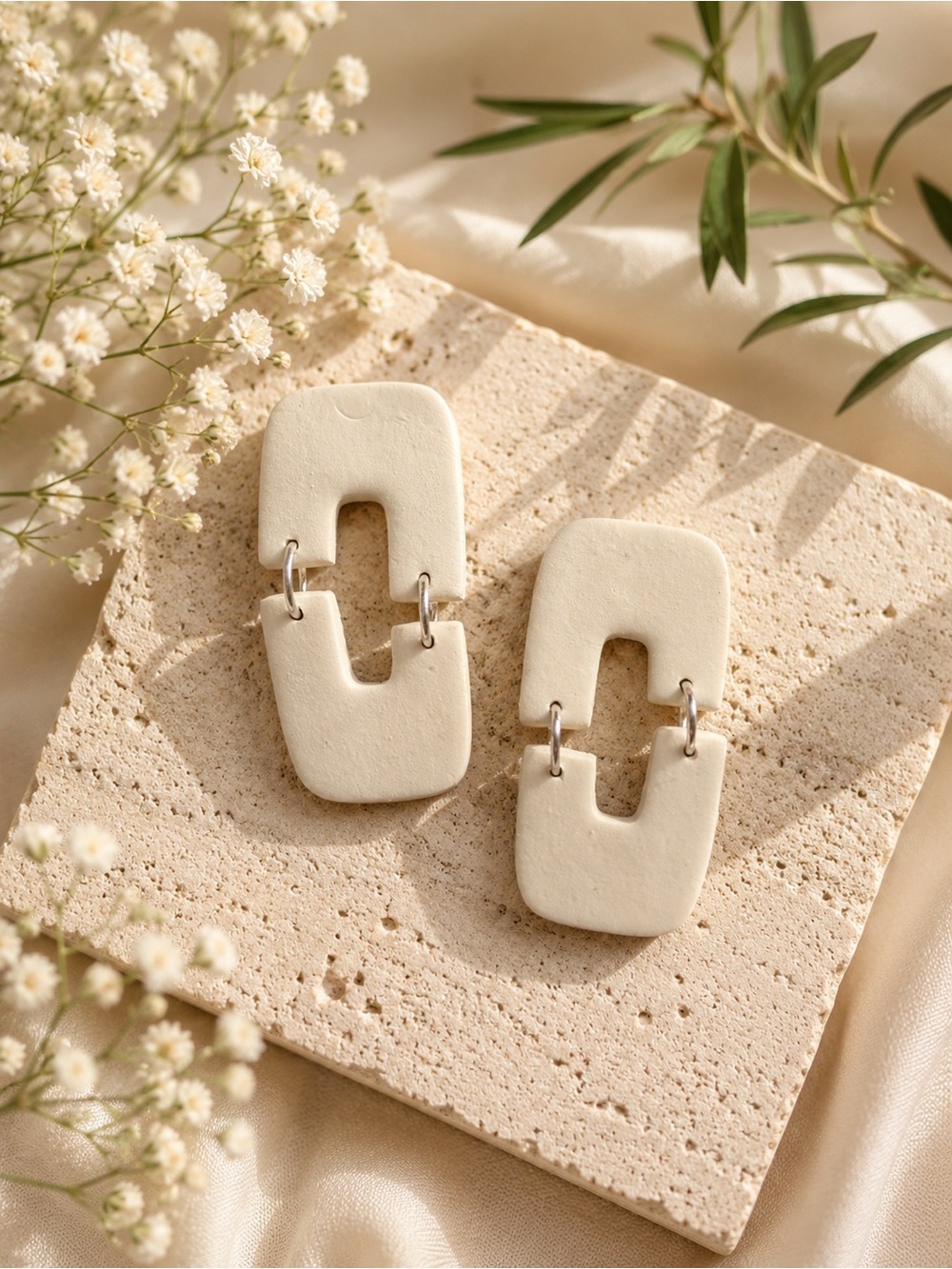 Minimal Cream Link Drop Handmade Polymer Clay Earrings